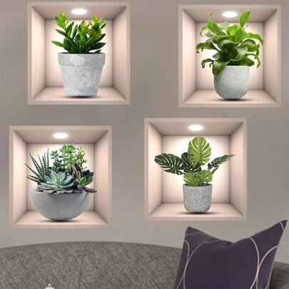 4 piezas Plantas en macetas ilustración decorativo mate PVC Pegatinas , sala de estar adorno Pegatina de pared