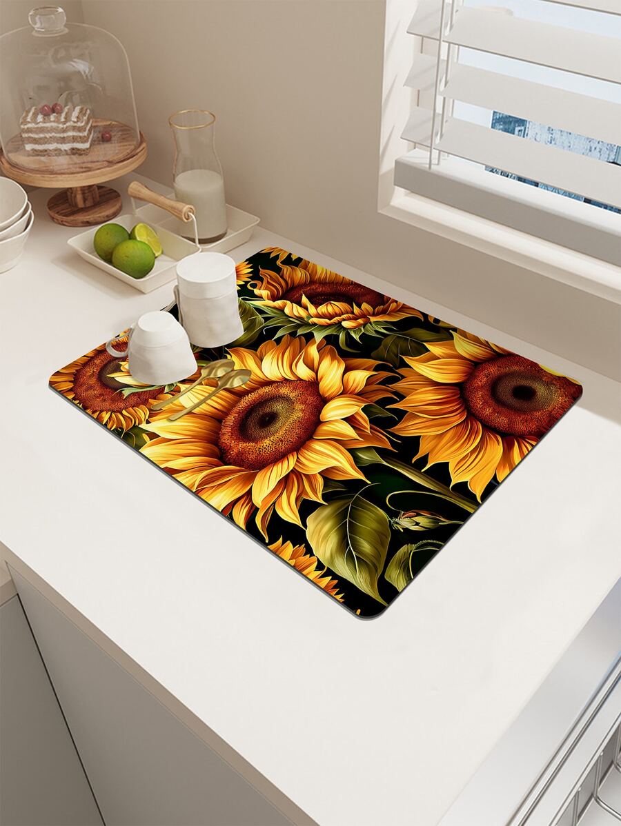 1 pieza Alfombrilla para secar platos con patrón de girasol - Multicolor - Ver 1