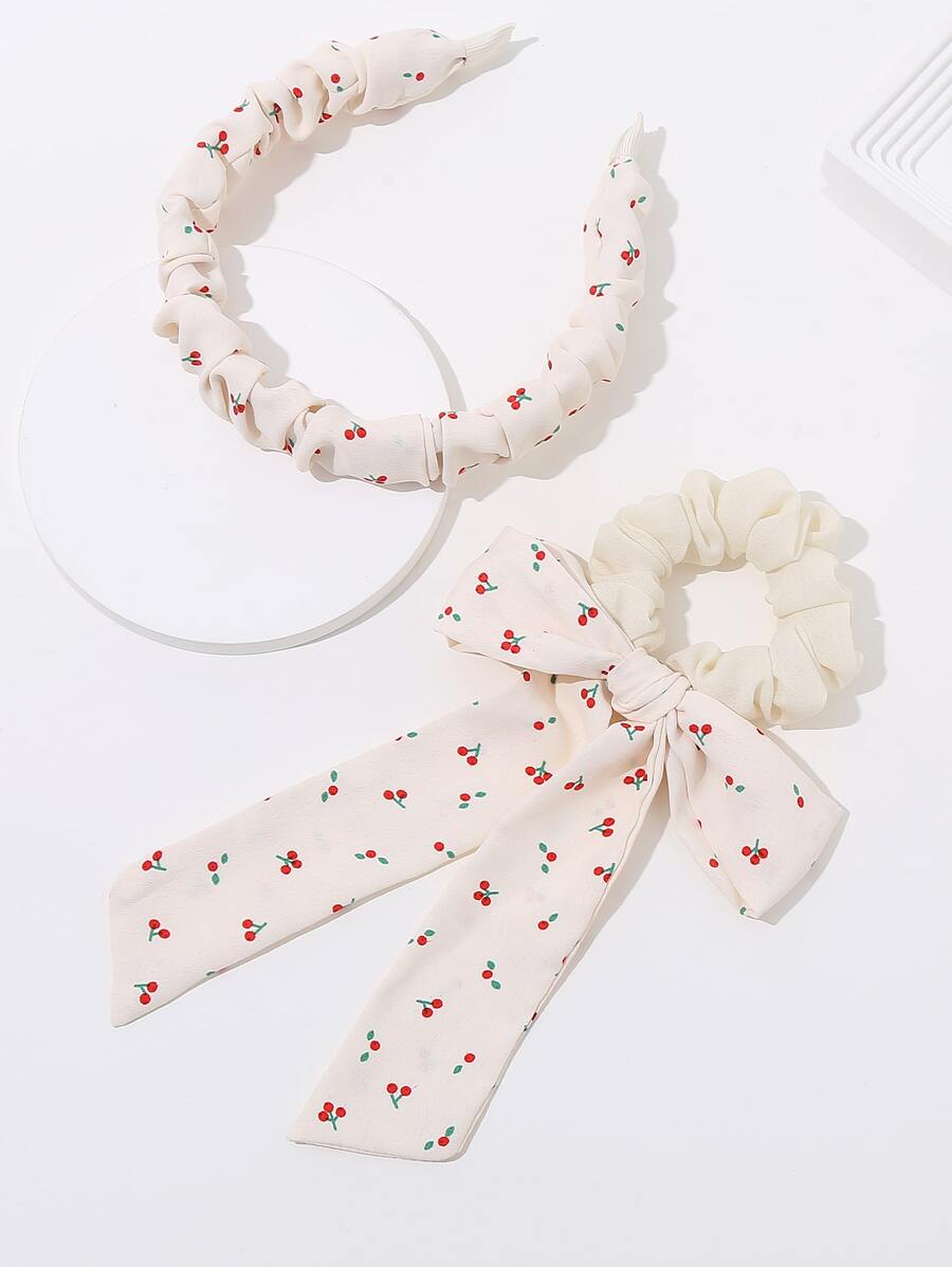 2pcs Cherry Print Hair Accessory Set, Gifts, Bows, Cute, Hair Accessories, Hair Bands, Head Accessories, Hair Accessories For Women, Hair Tie - Multicolor - View 1