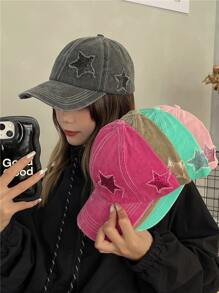 1pc Vintage Star Rhinestone Decor Distressed Ponytail Baseball Cap With Large Brim, Cowboy Hat - Dark Grey - View 1