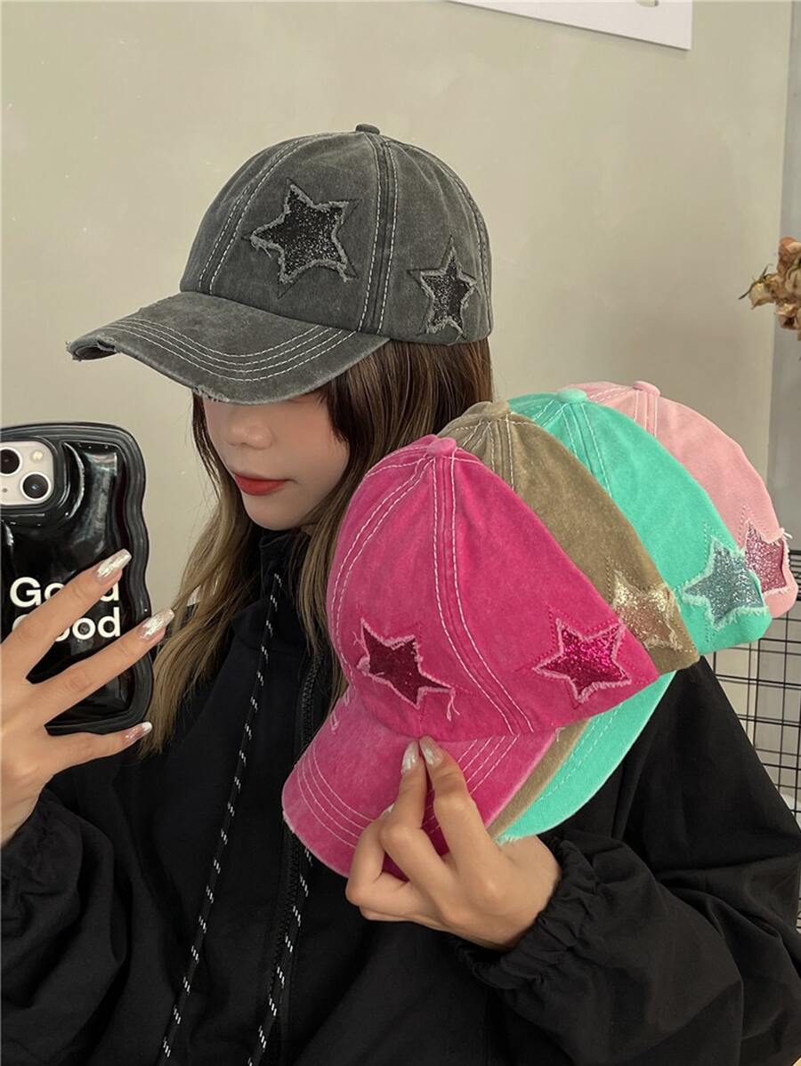 1pc Vintage Star Rhinestone Decor Distressed Ponytail Baseball Cap With Large Brim, Cowboy Hat - Dark Grey - View 1