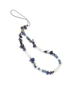 1入組多彩石頭和人造珍珠DIY手工防丟手機帶時尚串珠裝飾用品 - 藍色 - 查看 5