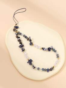 1入組多彩石頭和人造珍珠DIY手工防丟手機帶時尚串珠裝飾用品 - 藍色 - 查看 1