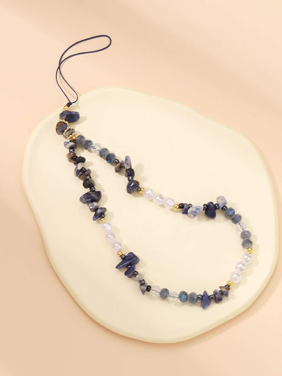 1入組多彩石頭和人造珍珠DIY手工防丟手機帶時尚串珠裝飾用品 - 藍色 - 查看 1