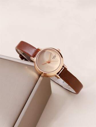 1pc Brown PU Polyurethane Strap Casual Round Dial Quartz Watch, For Daily Life