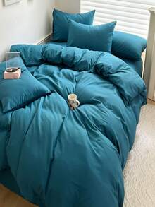4pcs Polyester Solid Blue Minimalist Neutral Bedding Set (1 Flat Sheet, 2 Pillowcases, 1 Duvet Cover) - Blue - View 2