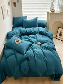 4pcs Polyester Solid Blue Minimalist Neutral Bedding Set (1 Flat Sheet, 2 Pillowcases, 1 Duvet Cover) - Blue - View 1