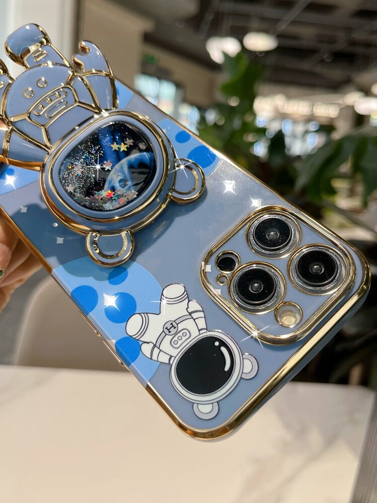 苹果卡通宇航员装饰手机壳，配有突出的手机手柄 - 藍色 - 查看 4
