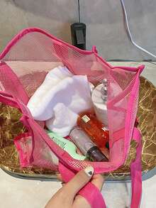 鏤空滌綸網紗沙灘包帶大容量,極簡設計,合適適合旅行,游泳,收納,完美適合夏天假期 - 粉色 - 查看 4