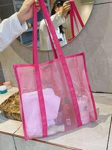 鏤空滌綸網紗沙灘包帶大容量,極簡設計,合適適合旅行,游泳,收納,完美適合夏天假期 - 粉色 - 查看 3