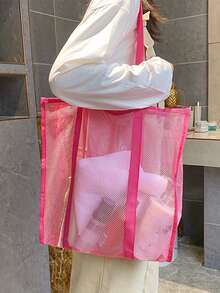 鏤空滌綸網紗沙灘包帶大容量,極簡設計,合適適合旅行,游泳,收納,完美適合夏天假期 - 粉色 - 查看 2