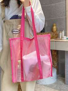 鏤空滌綸網紗沙灘包帶大容量,極簡設計,合適適合旅行,游泳,收納,完美適合夏天假期 - 粉色 - 查看 1