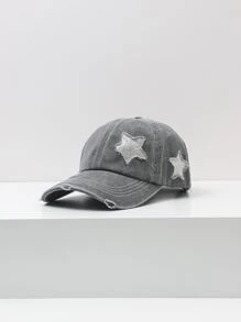 1pc Vintage Star Rhinestone Decor Distressed Ponytail Baseball Cap With Large Brim, Cowboy Hat - Dark Grey - View 2