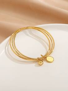 A Set Of 3 Rings Smooth Bracelet Hanging Square Brand Bell Retro All-Match Bracelet - Gold - View 3