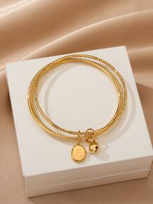 A Set Of 3 Rings Smooth Bracelet Hanging Square Brand Bell Retro All-Match Bracelet - Gold - View 2
