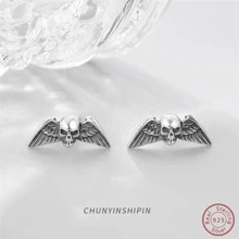 OMID S925純銀復古顏色骷髏和翅膀耳環適用於女士時尚配件和禮物