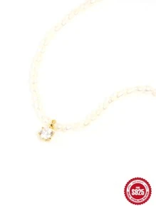 1 件珍珠链宝石锆石 S925 纯银项链女式夏季装饰精美项链