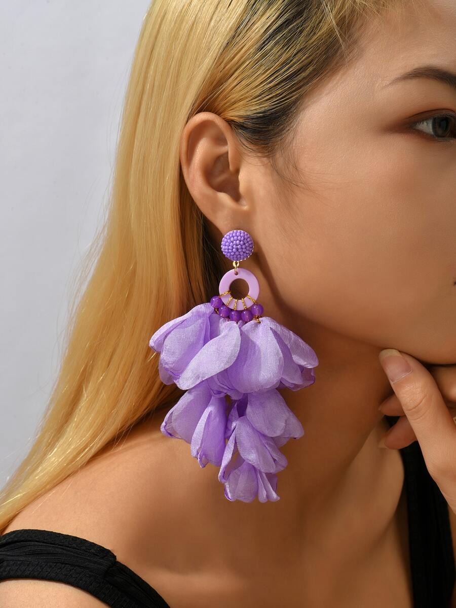 1 对长紫色流苏和花朵吊坠耳环，非常适合海滩度假情人节、妈妈、母亲、母亲节、礼物