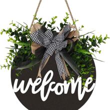 1入組黑板歡迎標誌帶人造綠色植物花環裝飾適用於門 - 黑色 - 查看 1