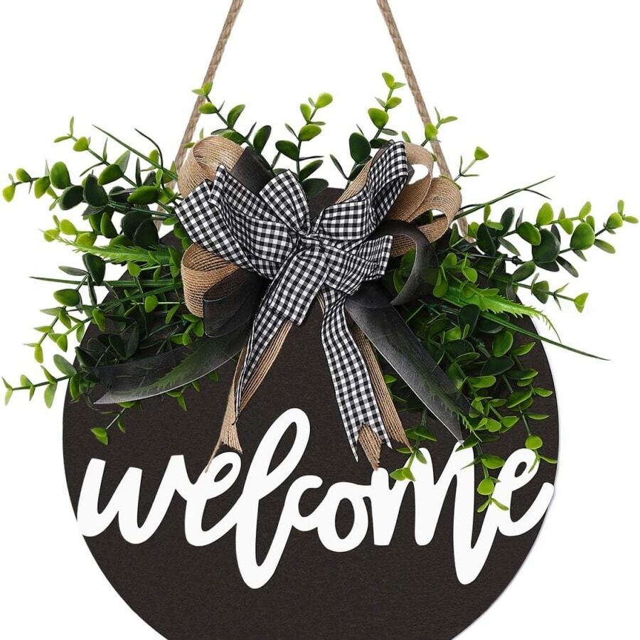 1入組黑板歡迎標誌帶人造綠色植物花環裝飾適用於門 - 黑色 - 查看 1