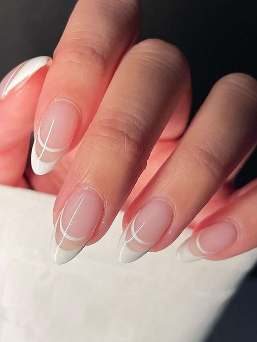 YADORNOS Change Your Look With 24pcs/Set Long Almond Shape Simple White French Crescent Shape Stripefalse Nail Tips, Including 1pc Jelly Glue & 1pc Nail File - White - View 1
