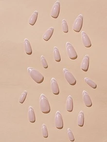 YADORNOS Change Your Look With 24pcs/Set Long Almond Shape Simple White French Crescent Shape Stripefalse Nail Tips, Including 1pc Jelly Glue & 1pc Nail File - White - View 3