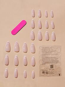 YADORNOS Change Your Look With 24pcs/Set Long Almond Shape Simple White French Crescent Shape Stripefalse Nail Tips, Including 1pc Jelly Glue & 1pc Nail File - White - View 2