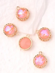 5入組粉色花朵蕾絲圓形耳環吊墜 - 粉色 - 查看 3