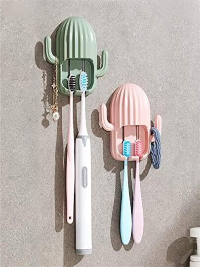 1入組壁掛式牙刷架，仙人掌形狀，無需鑽孔，北歐風格電動牙刷浴室收納盒