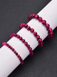 1入組粉色虎眼串珠手鏈天然石頭圓珠瑜伽活力手環時尚和休閒配件禮品 - 玫紅色 - 查看 3