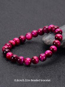 1入組粉色虎眼串珠手鏈天然石頭圓珠瑜伽活力手環時尚和休閒配件禮品 - 玫紅色 - 查看 6