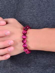 1入組粉色虎眼串珠手鏈天然石頭圓珠瑜伽活力手環時尚和休閒配件禮品 - 玫紅色 - 查看 8