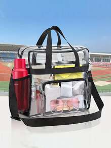 便携式透明 PVC 洗漱包，休闲大容量旅行收纳包，运动防水手提包斜挎包，防水、防沙透明包，沙滩运动野餐零食透明钱包，适合女士书包，学校背包，大容量，行李带设计，便携，适合大学生，非常适合返校、大学、小学、初中、高中、工作、商务、通勤、购物、度假、街头和日式风格女包 - 無色 - 查看 1