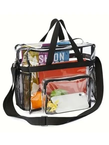 便携式透明 PVC 洗漱包，休闲大容量旅行收纳包，运动防水手提包斜挎包，防水、防沙透明包，沙滩运动野餐零食透明钱包，适合女士书包，学校背包，大容量，行李带设计，便携，适合大学生，非常适合返校、大学、小学、初中、高中、工作、商务、通勤、购物、度假、街头和日式风格女包 - 無色 - 查看 3