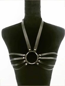 1入組素色皮革束腰皮帶帶鉚釘和圓環裝飾細部適合女士 - 黑色 - 查看 1