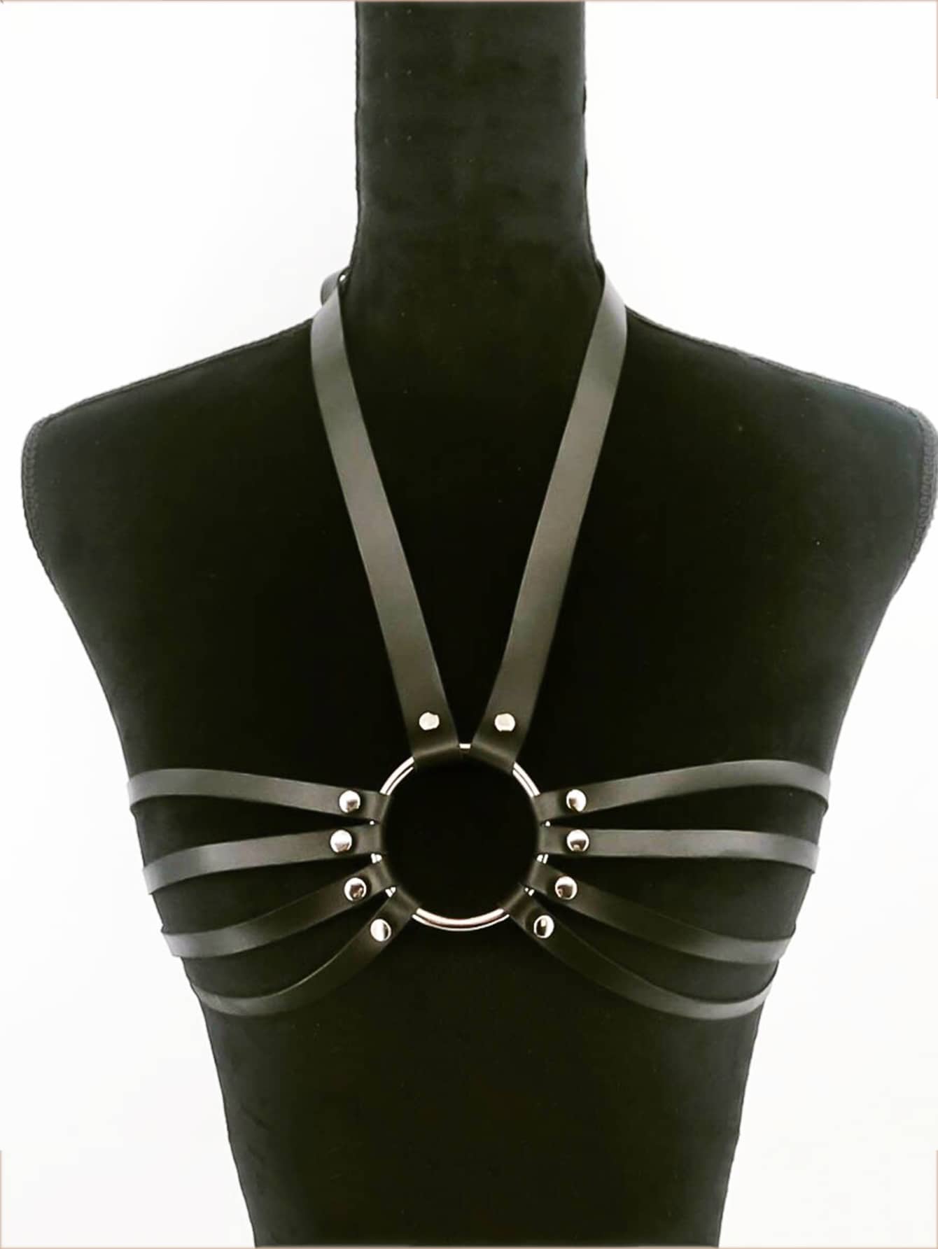 1入組素色皮革束腰皮帶帶鉚釘和圓環裝飾細部適合女士 - 黑色 - 查看 1