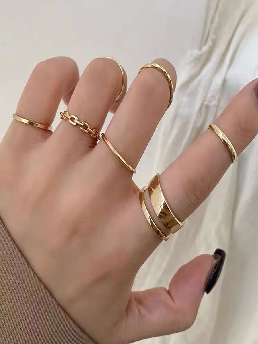 時尚七件戒指女ins淡漠風格小眾關節戒指套裝簡約嘻哈復古指環指環 - 金黃色 - 查看 1