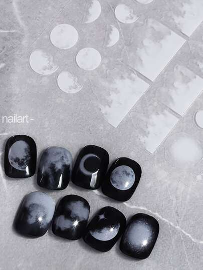 烟熏黑星空图案美甲贴纸 月亮、星星和云朵图案美甲贴花 DIY美甲用品