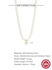 1 件珍珠链宝石锆石 S925 纯银项链女式夏季装饰精美项链