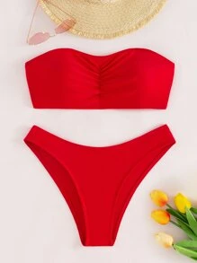Women's 2pcs/Set Solid Color Halter Ruffle Sexy Bikini Swimwear, For Summer Beach Vacation - Red - View 4