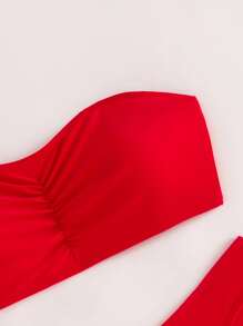 Women's 2pcs/Set Solid Color Halter Ruffle Sexy Bikini Swimwear, For Summer Beach Vacation - Red - View 5
