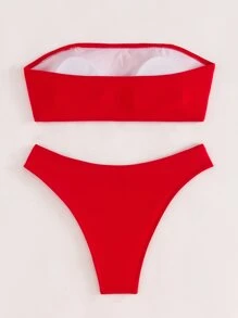 Women's 2pcs/Set Solid Color Halter Ruffle Sexy Bikini Swimwear, For Summer Beach Vacation - Red - View 7