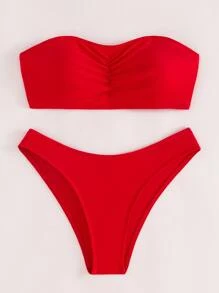 Women's 2pcs/Set Solid Color Halter Ruffle Sexy Bikini Swimwear, For Summer Beach Vacation - Red - View 8