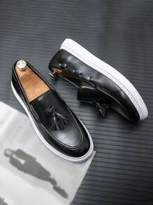 2023新品到貨流蘇棋盤格男士PU皮革樂福鞋,時尚和休閒 - 黑色 - 查看 4