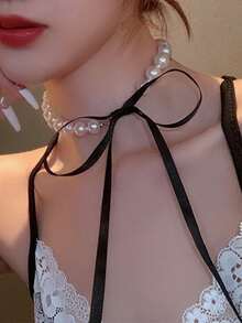 1入組黑色燈芯絨甜美風和酷心形墜飾翻領帶蝴蝶結設計 - 白色 - 查看 3