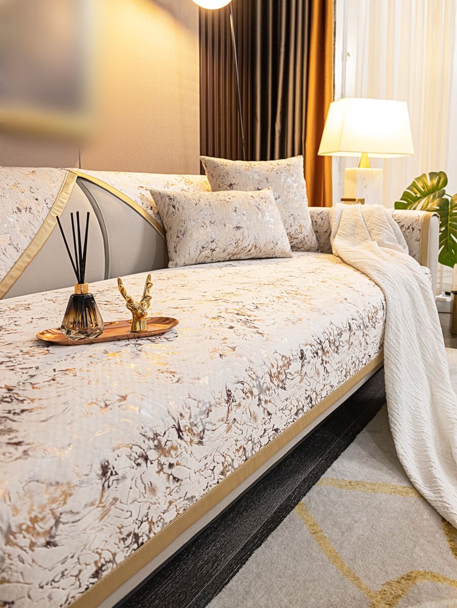 1pc High-end Jacquard Snowflake Pattern Sofa Cover With Golden Edge, Suitable For 1/2/3/4 Seater Sofa, All Seasons Use - Beige - View 1