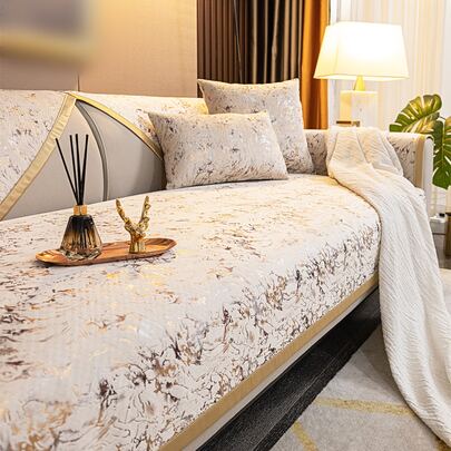 1 PC Cao Cấp Dạ Nỉ Họa Tiết Bông Tuyết Bọc Ghế Sofa Viền Vàng, Thích Hợp Cho Ghế Sofa 1/2/3/4 Chỗ Ngồi, Tất Cả Các Mùa Sử Dụng