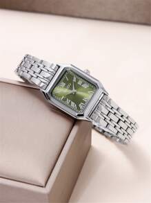 2pcs/set Fashionable Rectangle Roman Numeral Quartz Wristwatch With Stainless Steel Band For Women