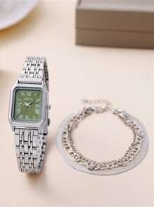 2pcs/set Fashionable Rectangle Roman Numeral Quartz Wristwatch With Stainless Steel Band For Women