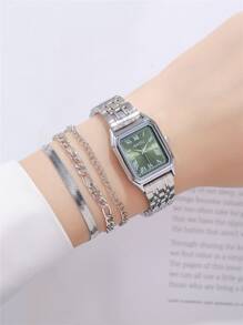 2pcs/set Fashionable Rectangle Roman Numeral Quartz Wristwatch With Stainless Steel Band For Women